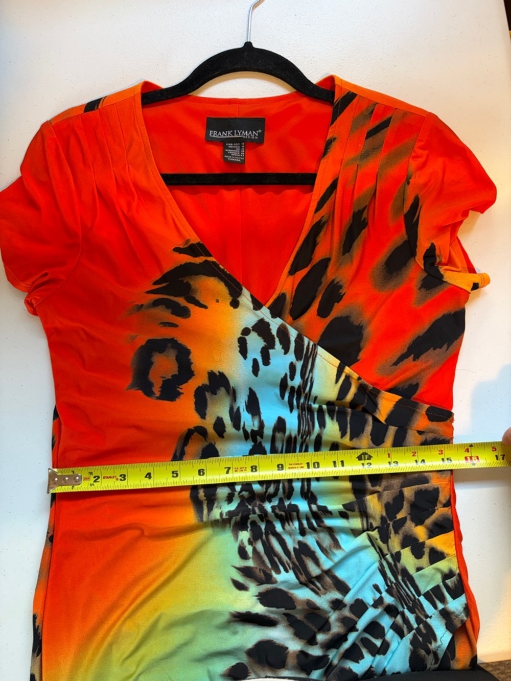 Frank Lyman Design Dress Size 10 Animal Print Ruched Faux Wrap Knee Length Midi - Picture 12 of 13
